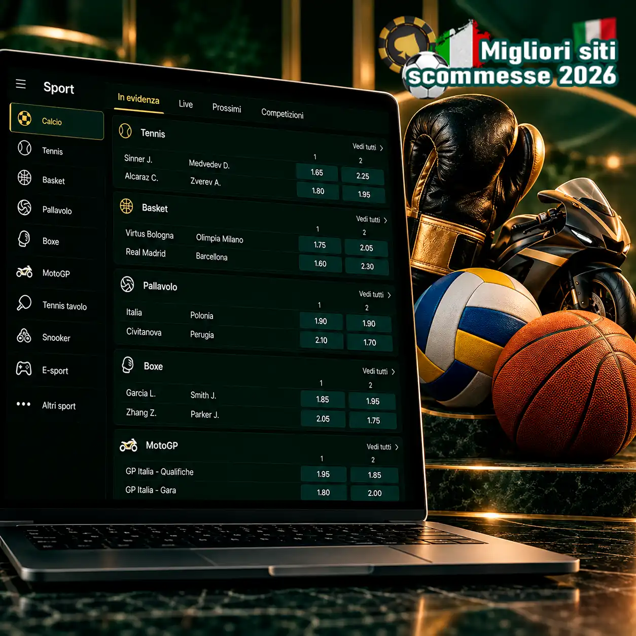 Quote su boxe, MotoGP, pallavolo, basket e sport minori mostrate su laptop.