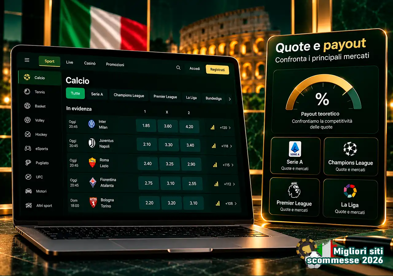 Quote e payout confrontati su laptop per Serie A, Champions, Premier League e Liga.